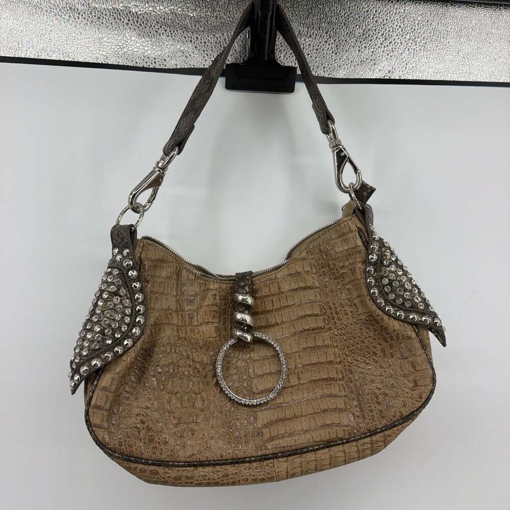 Blue Elegance Faux Croc Embossed Bling Rhinestones & Silver Snake Shoulder Bag